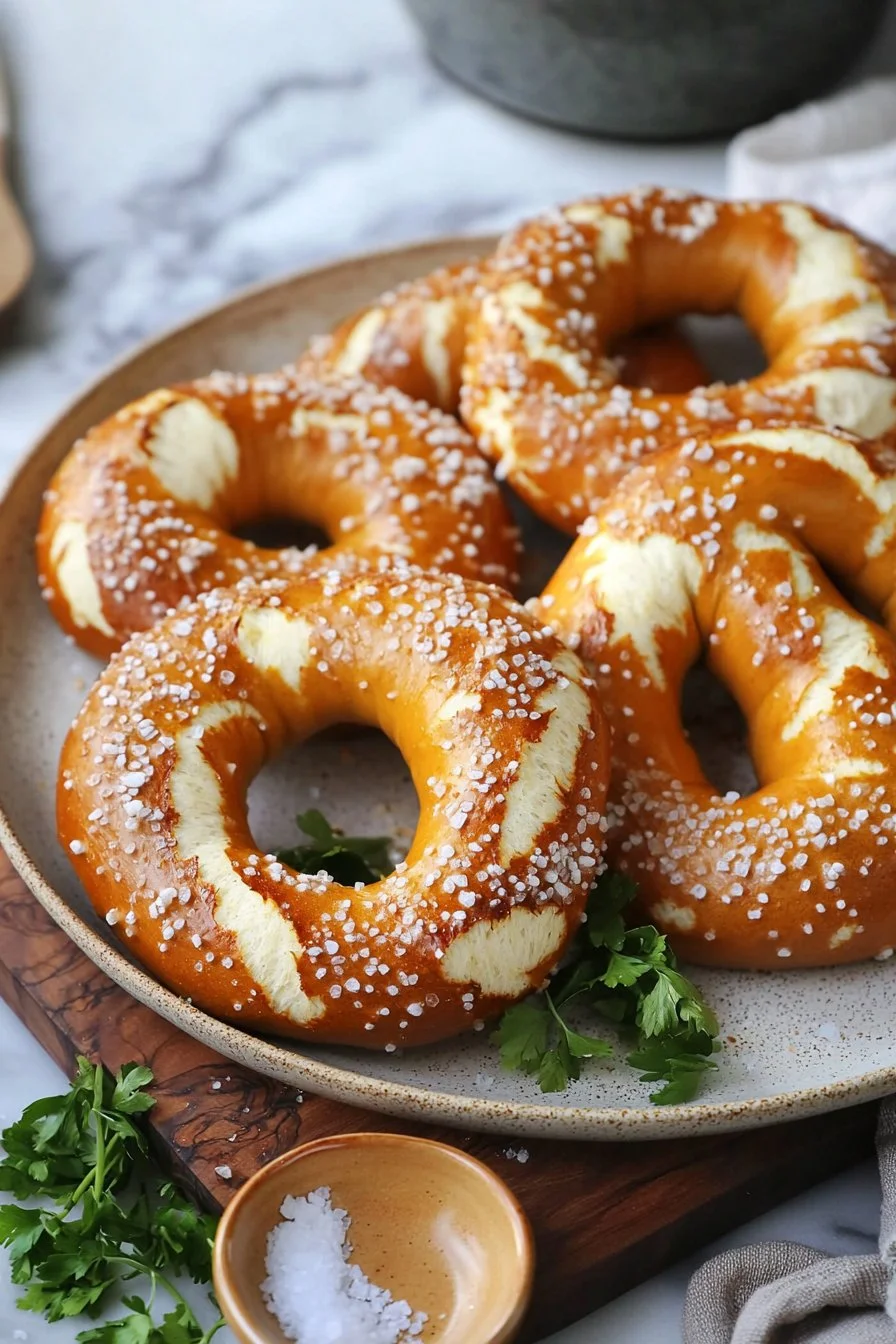 Hausgemachte Brezeln frisch gebacken mit grobem Salz bestreut.