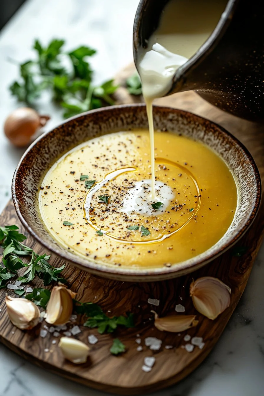Hausgemachte Butternut-Kürbissuppe in einer Schüssel mit frischen Kräutern garniert.