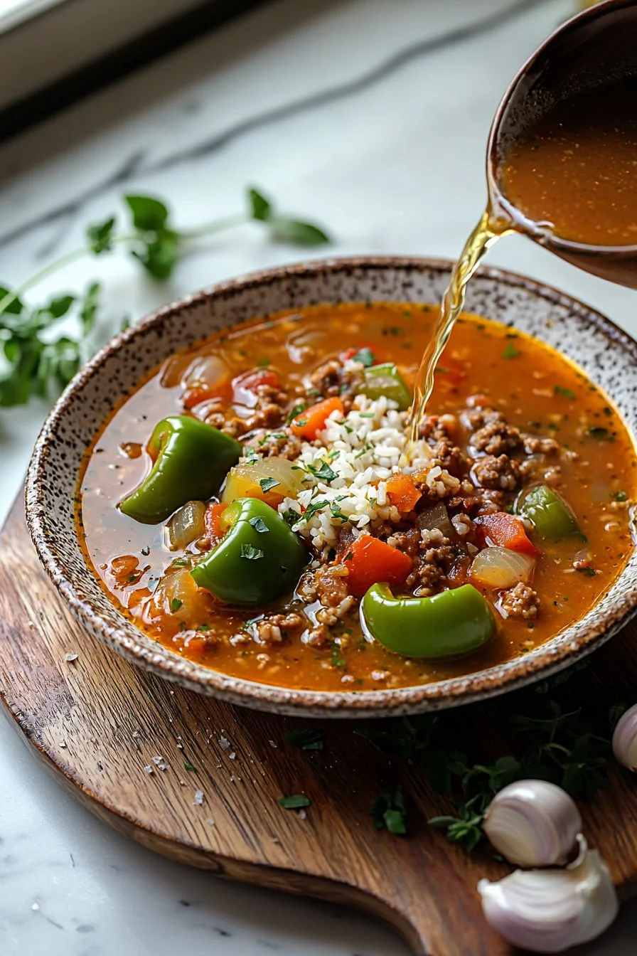 Hausgemachte gefüllte Paprika-Suppe in einer Schüssel serviert
