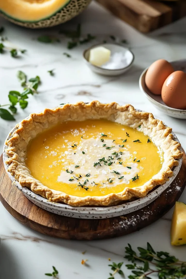 Hausgemachter Cantaloupe-Kuchen auf einem Teller, serviert mit frischem Obst.