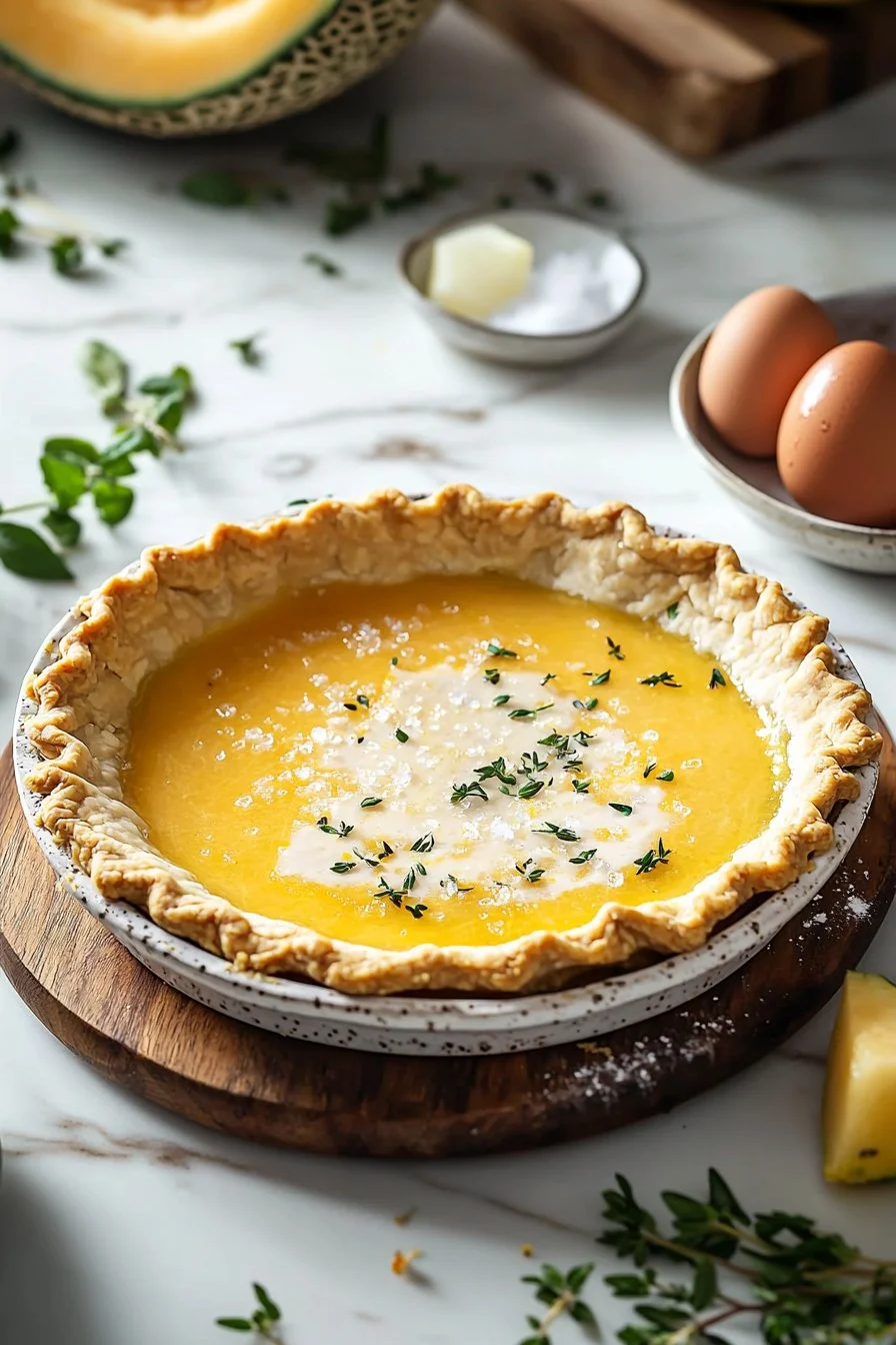 Hausgemachter Cantaloupe-Kuchen auf einem Teller, serviert mit frischem Obst.