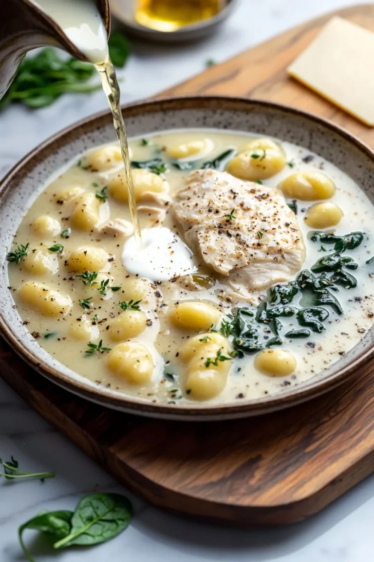 Deliziosa Hähnchen Gnocchi Suppe in einer Schüssel, garniert mit frischen Kräutern.