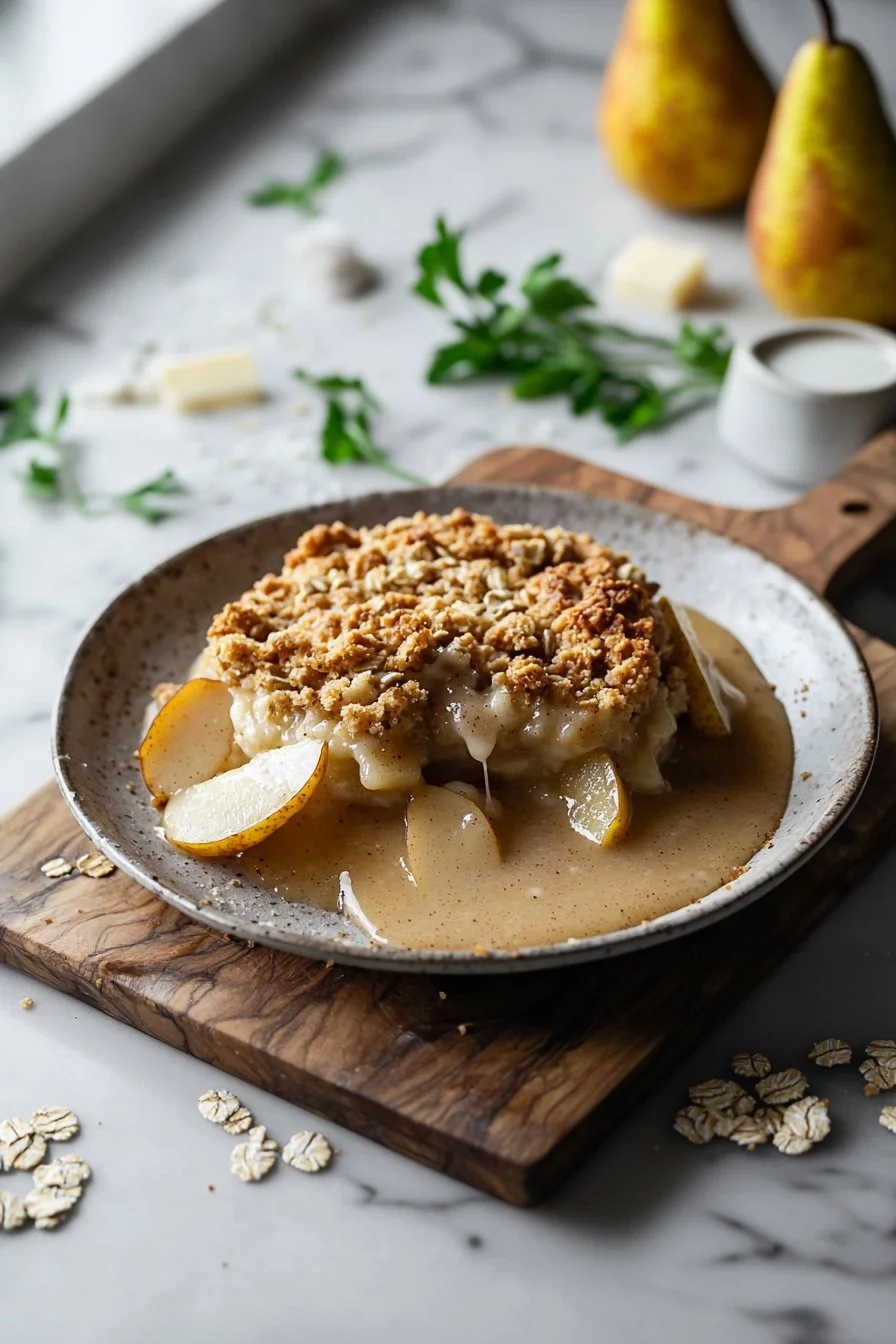 Herbstgewürz-Birnen-Cobbler mit saftigen Birnen und Gewürzen serviert.