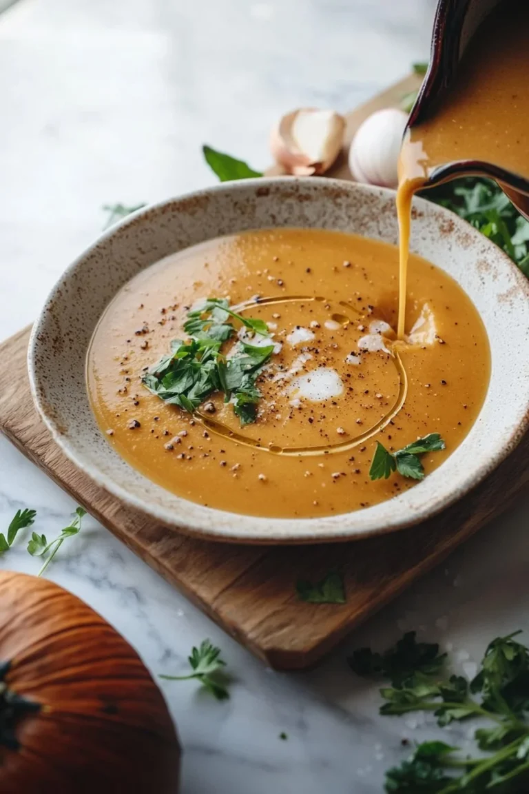 Herbstliche Kürbissuppe in einer Schüssel, dekoriert mit frischen Kräutern.