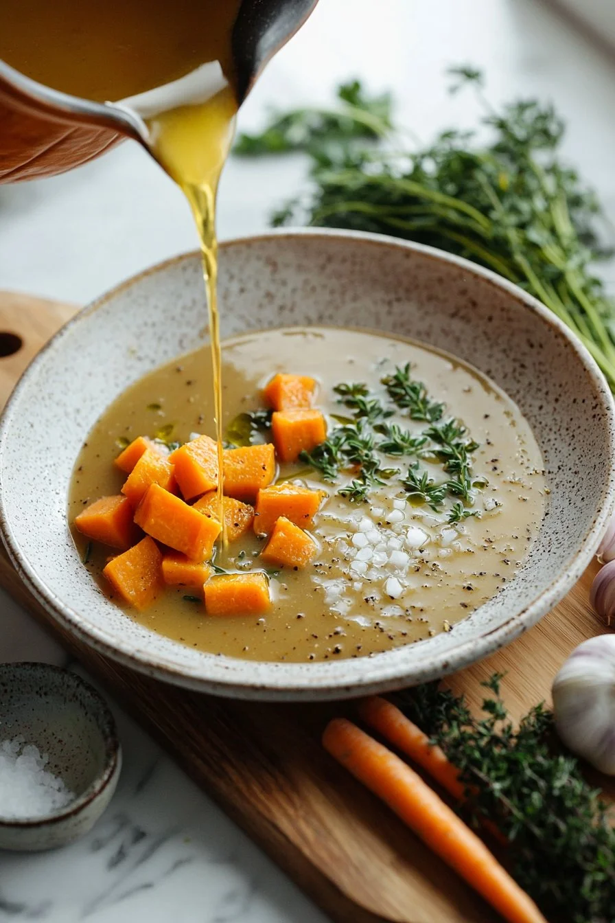 Eine Schüssel Herbstsuppe mit frischem Gemüse und Kräutern.