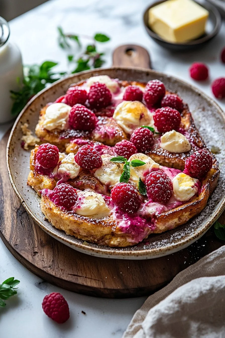 Himbeerkäsekuchen French Toast Auflauf, ein köstliches und süßes Rezept mit Himbeeren.