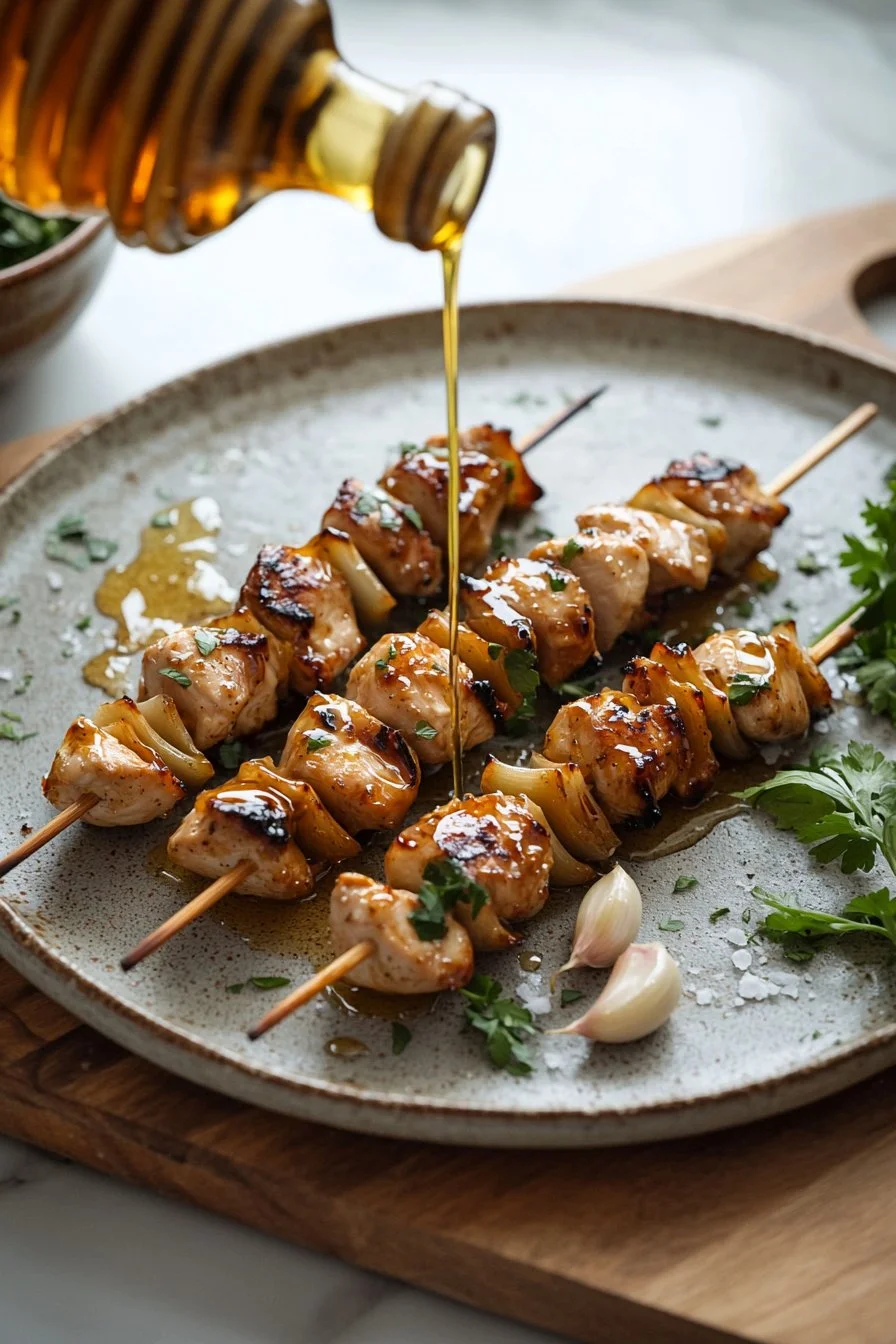 Leckere Honig-Knoblauch-Hühnchen-Spieße auf einem Grill serviert.