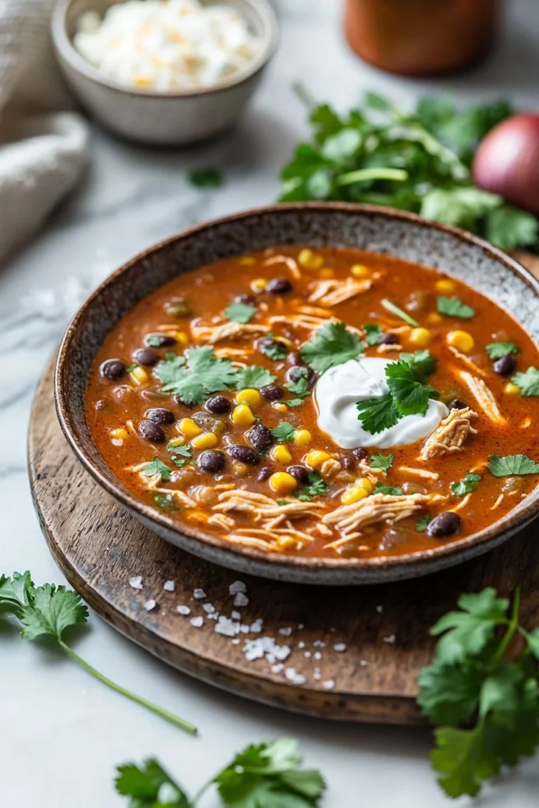 Leckere Hühnchen-Enchilada-Suppe in einer Schüssel serviert