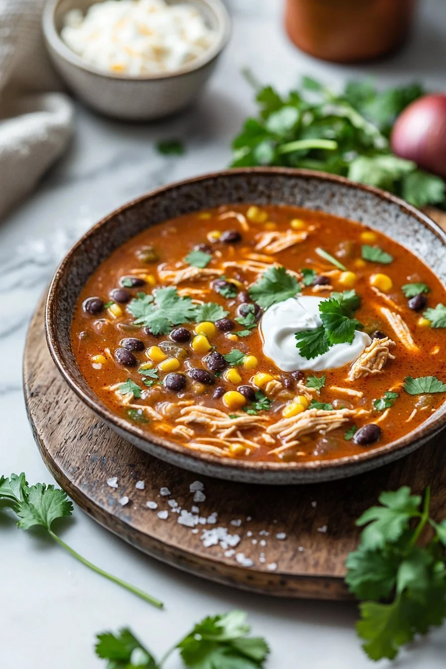 Leckere Hühnchen-Enchilada-Suppe in einer Schüssel serviert