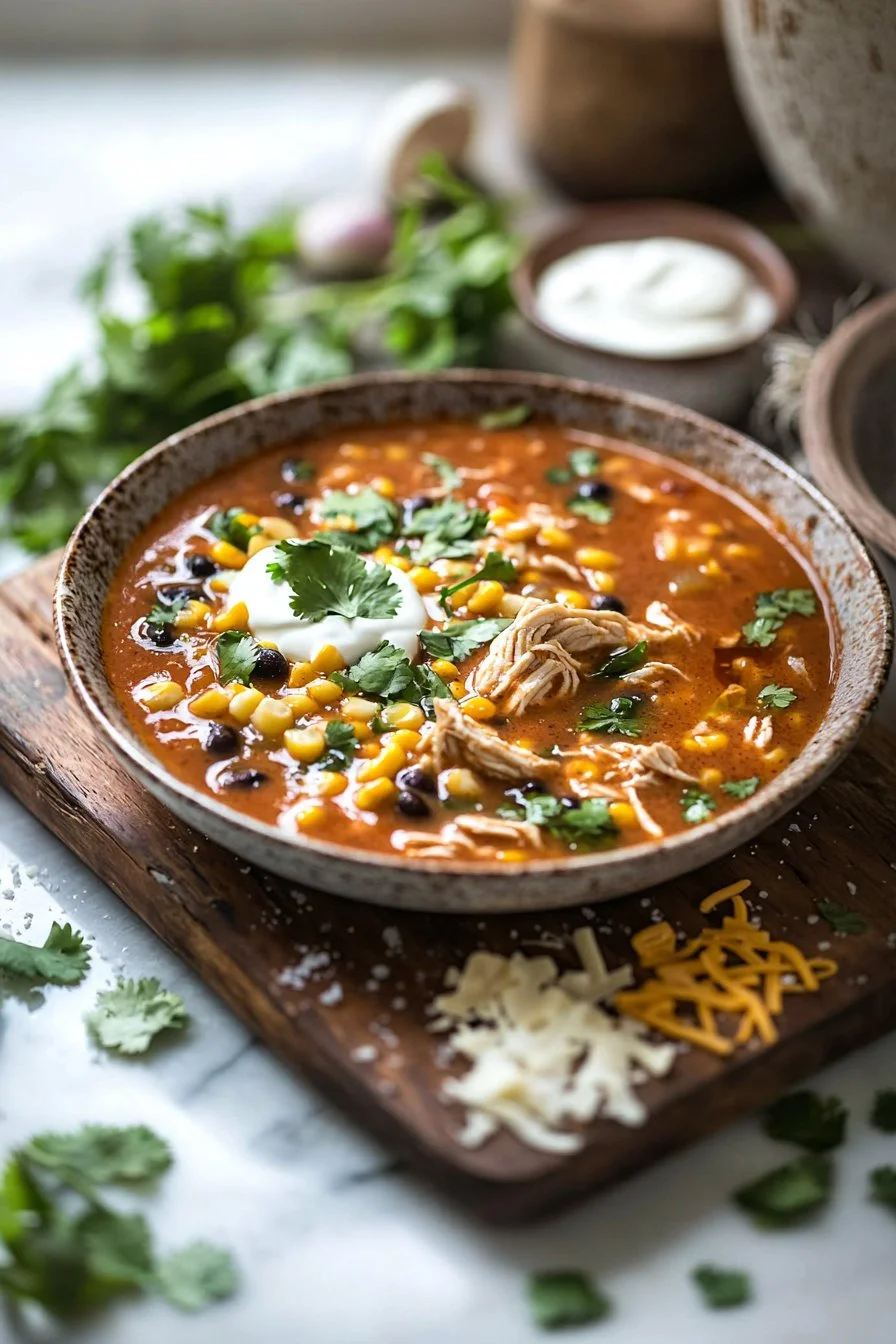 Leckere Hühnchen Enchilada Suppe in einer Schüssel serviert