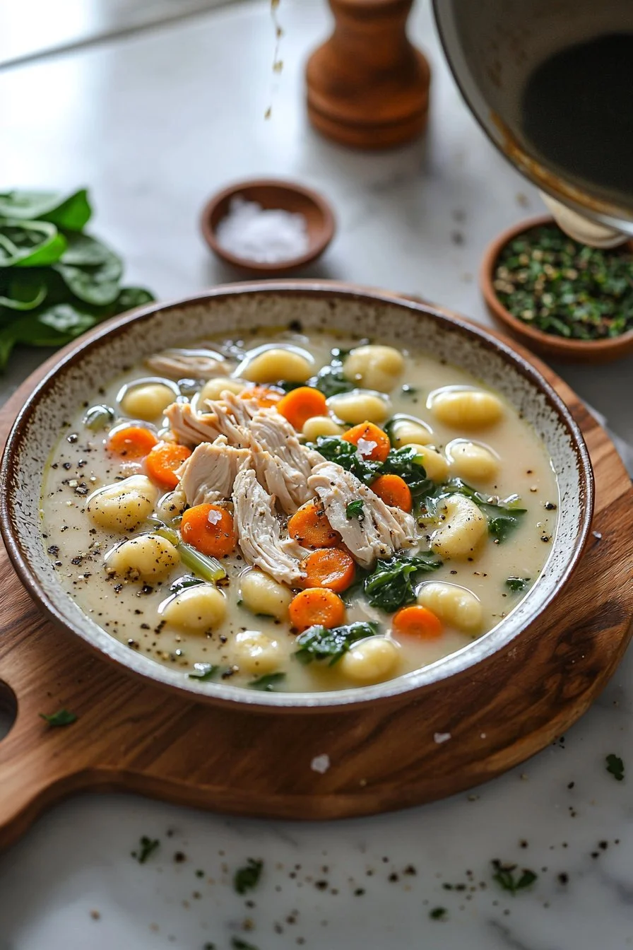 Hühnchen Gnocchi Suppe serviert in einer Schüssel mit frischen Kräutern