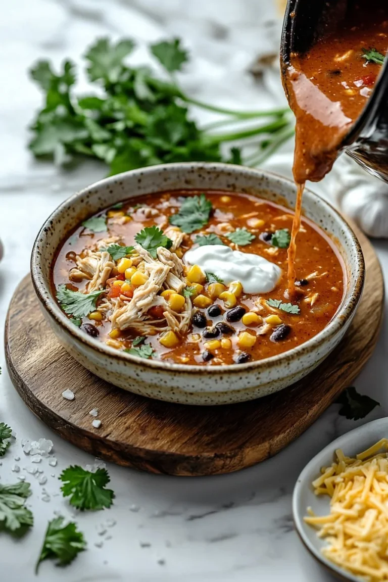 Hühner-Enchilada-Suppe in einer Schüssel, garniert mit frischen Kräutern.