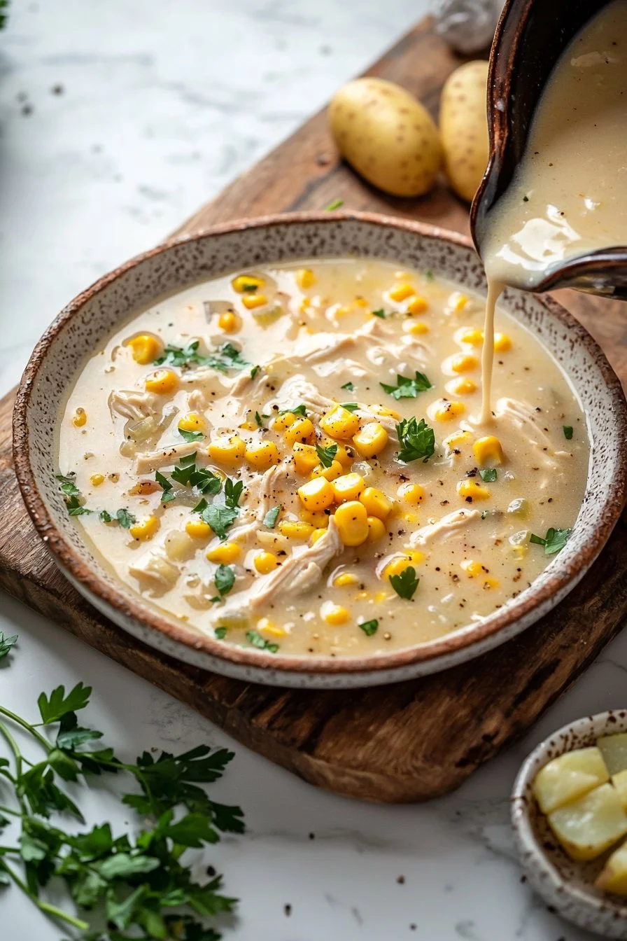 Schüssel mit Hühner-Mais-Chowder, eine herzhafte und nahrhafte Suppe