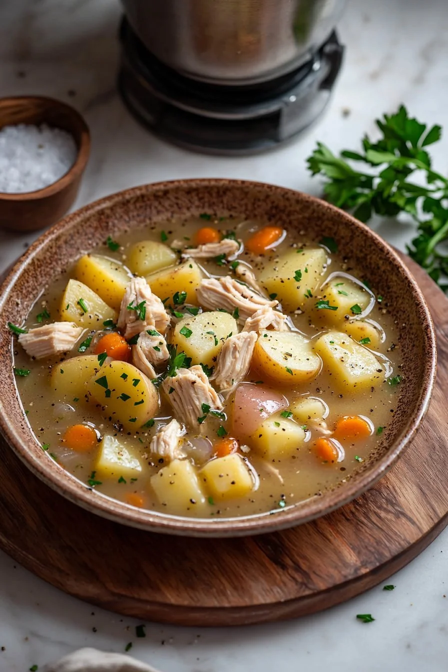 Schüssel mit Hühnerkartoffelsuppe, garniert mit frischen Kräutern