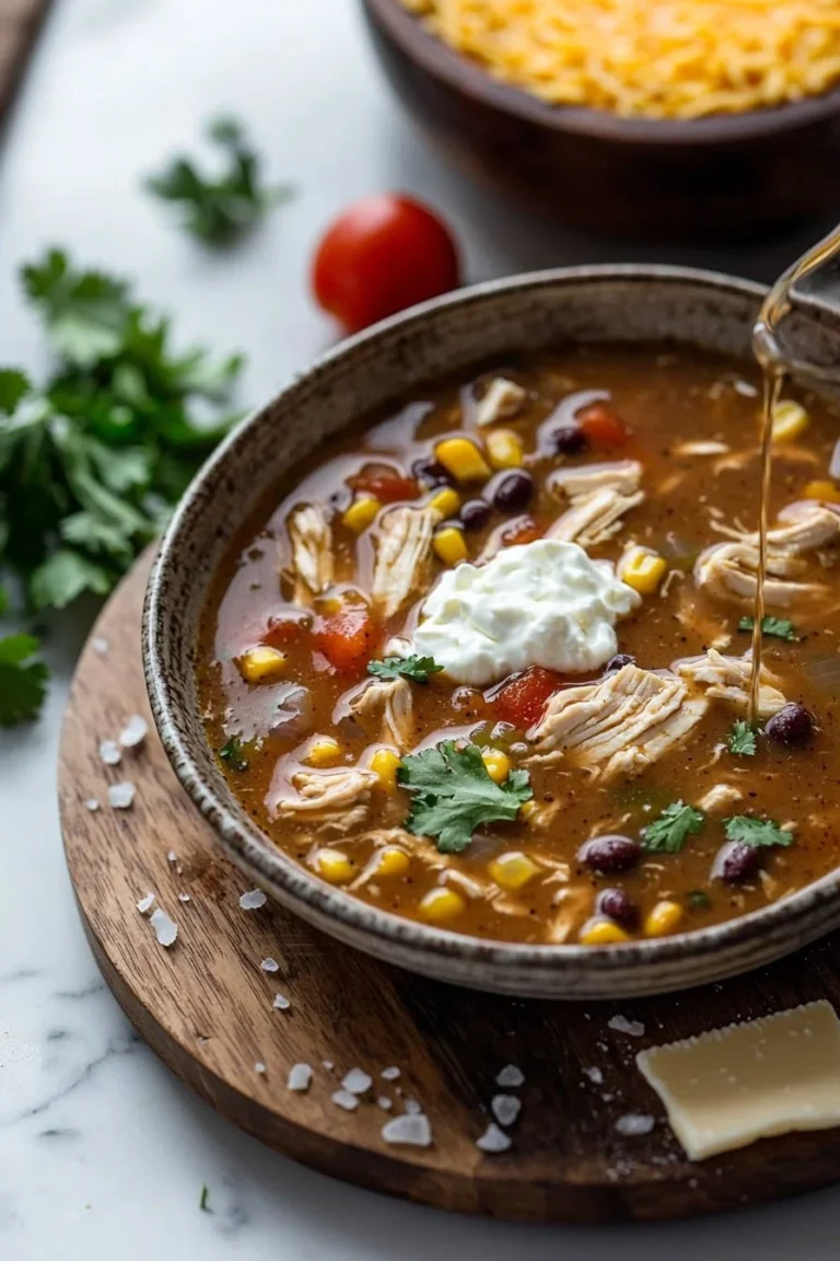 Eine Schüssel köstlicher Hühnertacosuppe mit Frischkäse und frischen Zutaten.