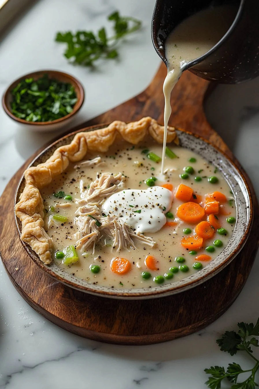 Hühnertopf-Pie-Suppe mit frischen Zutaten serviert