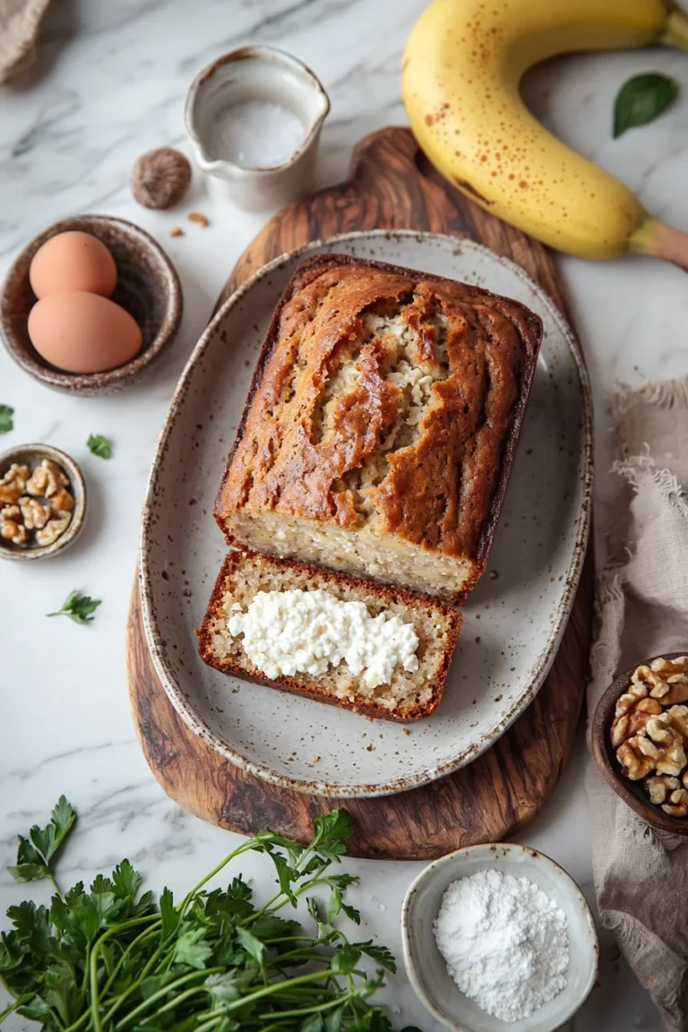 Hüttenkäse Bananenbrot mit Bananen und Nüssen auf einem Holzbrett.