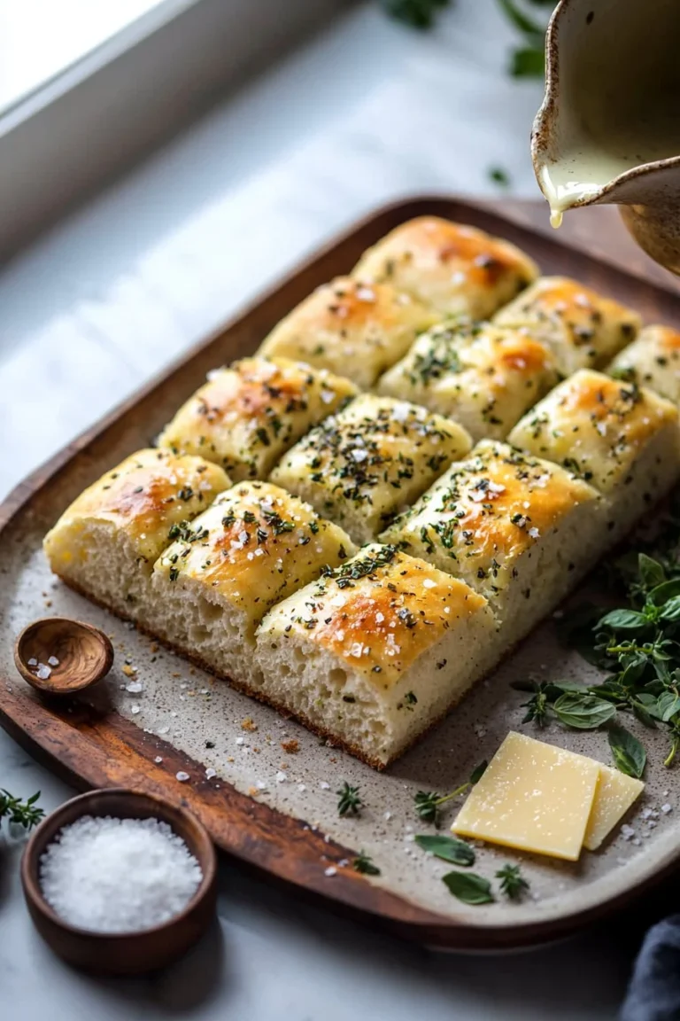 Italienisches Kräuter- und Käsebrot frisch gebacken auf einem Küchentisch.