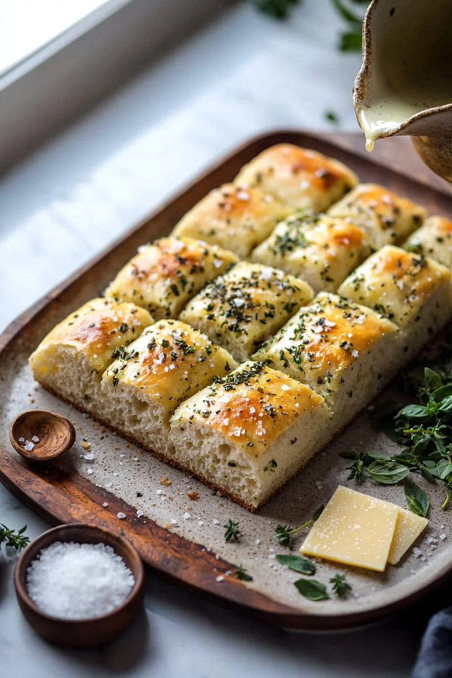 Italienisches Kräuter- und Käsebrot frisch gebacken auf einem Küchentisch.