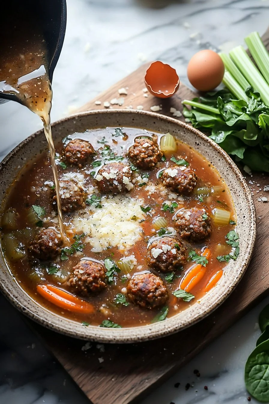Schüssel mit italienischer Fleischbällchensuppe voller frischer Zutaten.