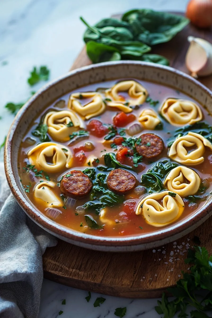 Italienische Wurst-Tortellini-Suppe in einer Schüssel, dekoriert mit frischen Kräutern.