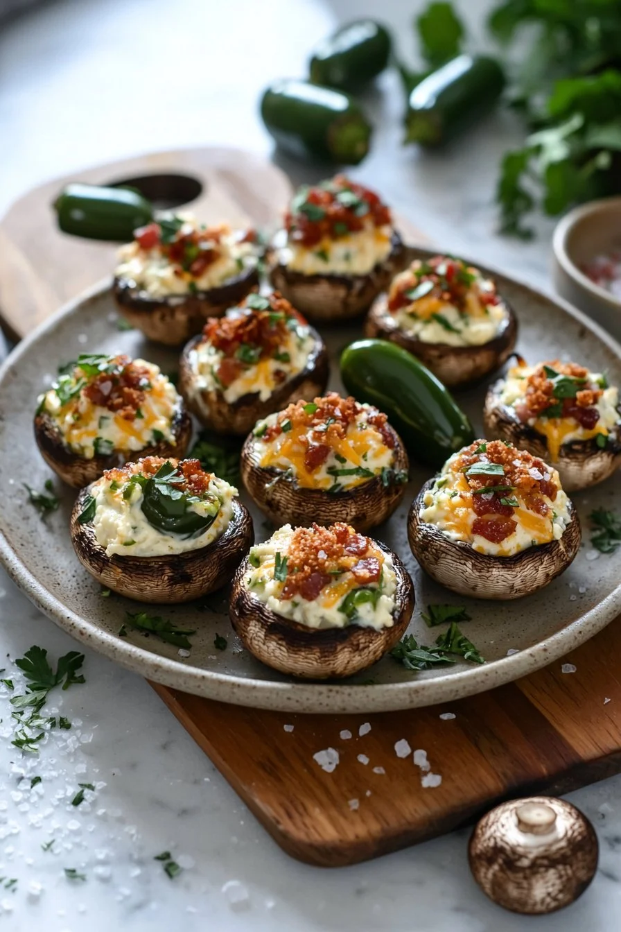 Jalapeño-Popper gefüllte Champignons auf einem Teller