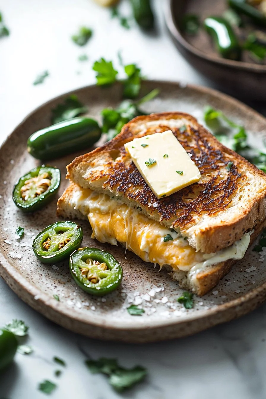 Jalapeño-Popper-Grilled-Cheese mit geschmolzenem Käse und jalapeños auf geröstetem Brot