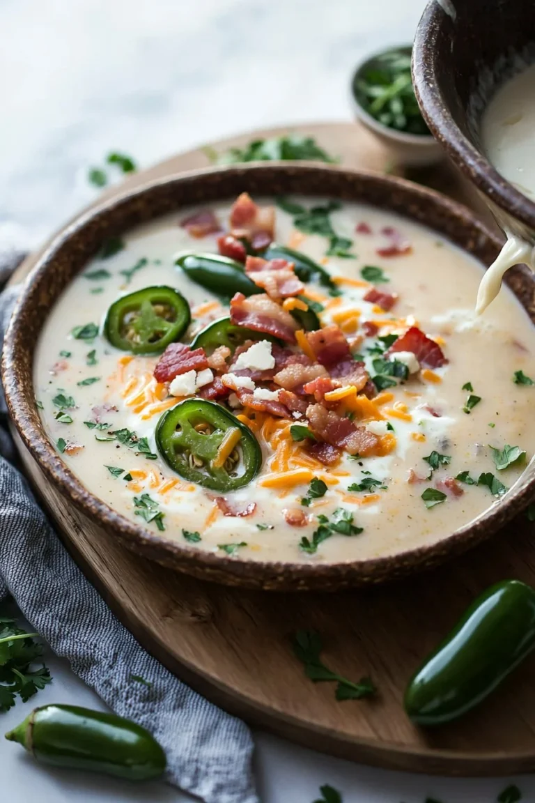 Schüssel mit Jalapeño-Popper-Suppe, serviert mit frischem Koriander und Chili