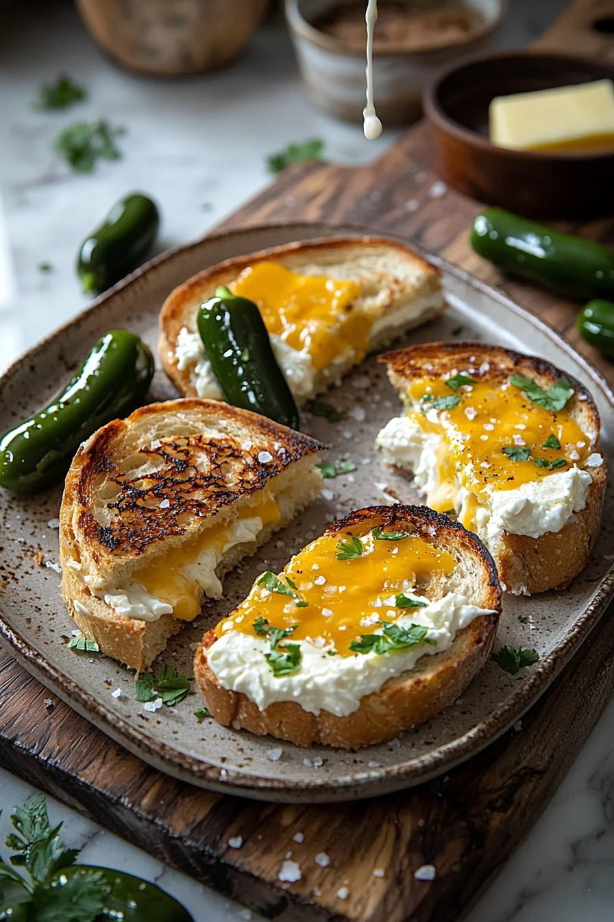 Leckere Jalapeño-Popper-Toasties auf einem weißen Teller