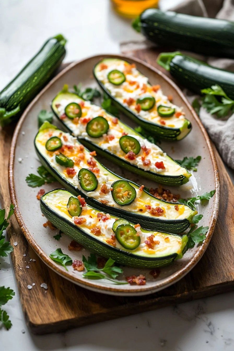 Jalapeño-Popper-Zucchini-Boote auf einem Teller serviert