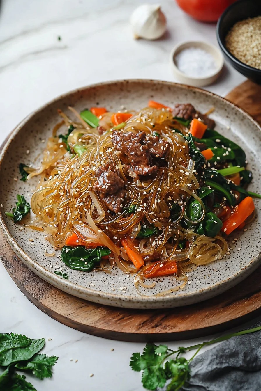Vibrante Schüssel mit Japchae, den traditionellen koreanischen gebratenen Glasnudeln.
