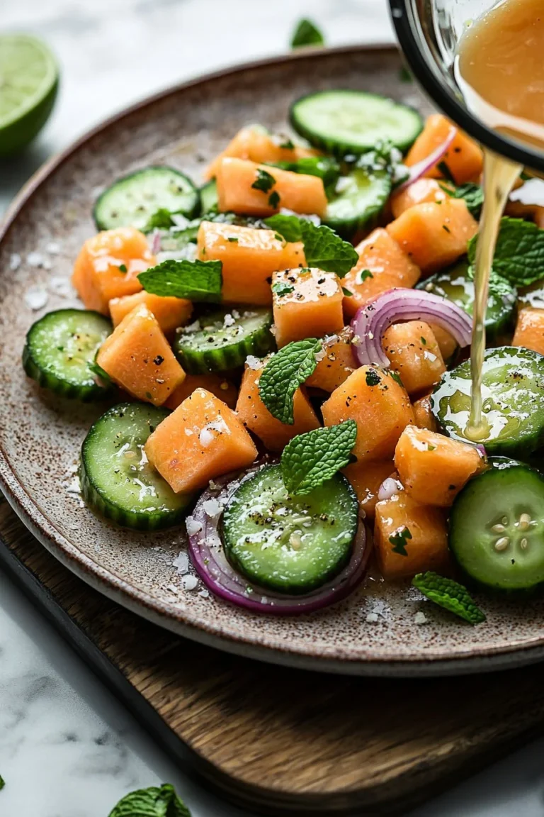 Kantalupe-Gurken-Sommersalat mit frischen Zutaten auf einem Teller