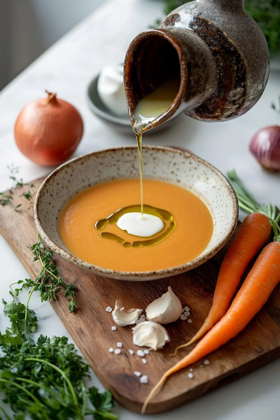 Schüssel mit leckerer Karottensuppe, garniert mit frischen Kräutern