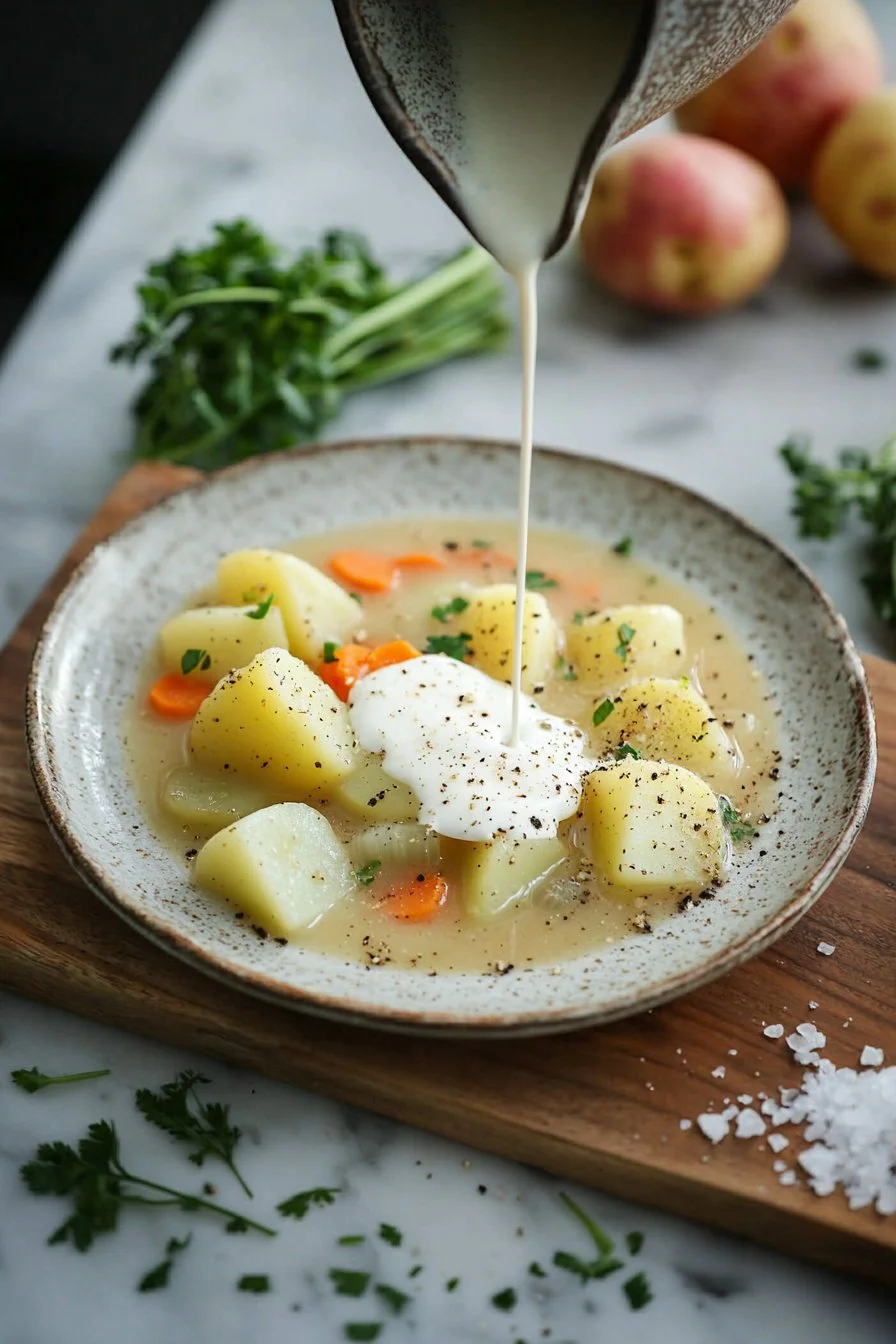 Schüssel mit warmer, cremiger Kartoffelsuppe mit frischen Kräutern garniert