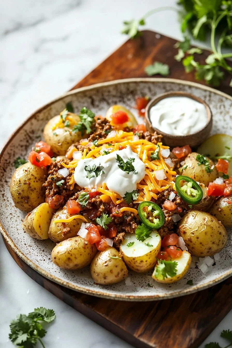 Leckere Käse-Taco-Kartoffeln frisch zubereitet auf einem Teller