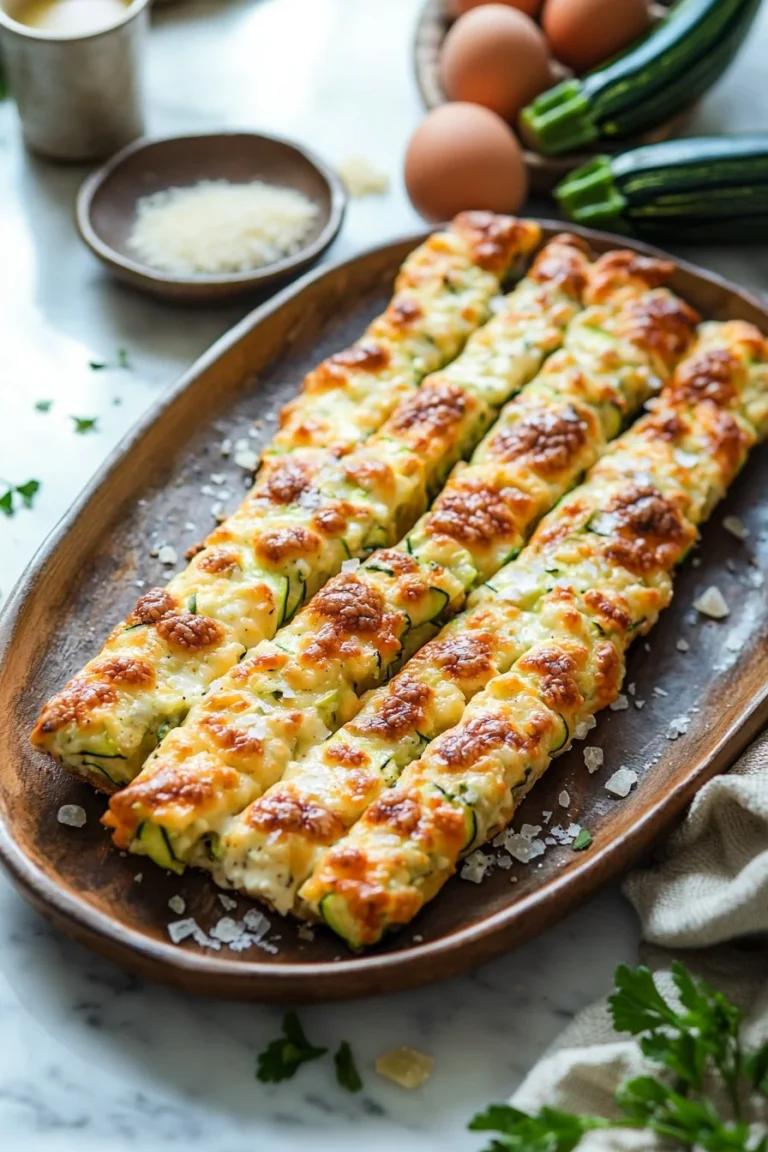 Käse-Zucchini-Brotsticks auf einem Teller, frisch gebacken und goldbraun