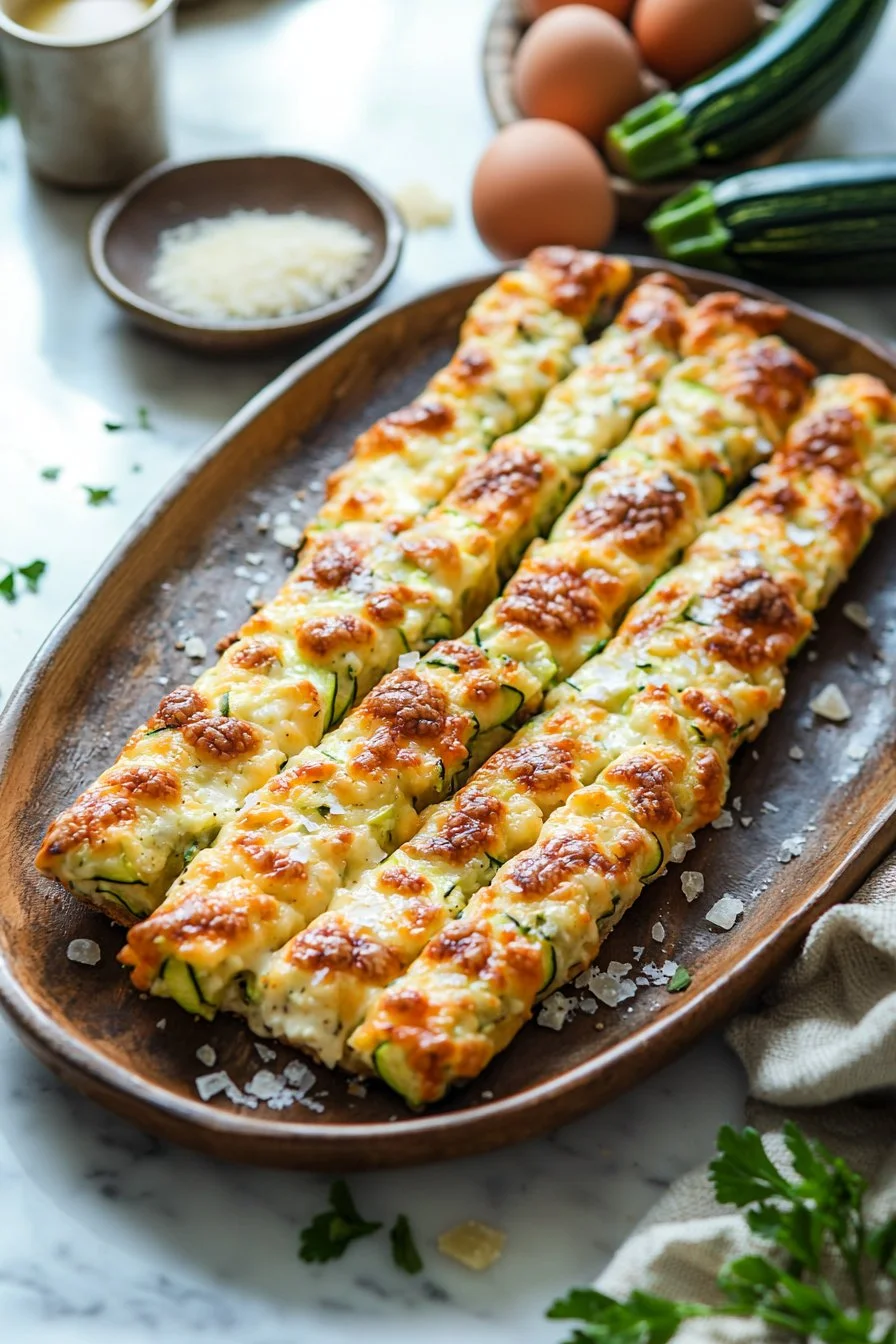 Käse-Zucchini-Brotsticks auf einem Teller, frisch gebacken und goldbraun