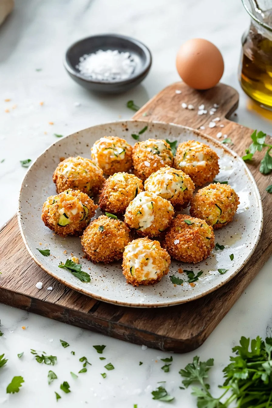 Käse-Zucchini-Tots serviert auf einem Teller mit frischen Kräutern
