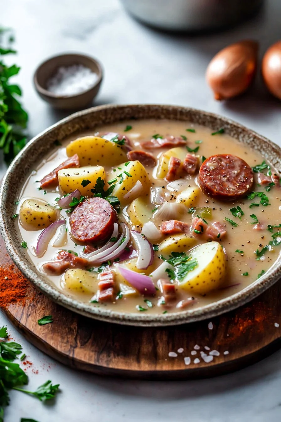 Schüssel mit Kielbasa Kartoffelsuppe, herzhaft und nahrhaft.