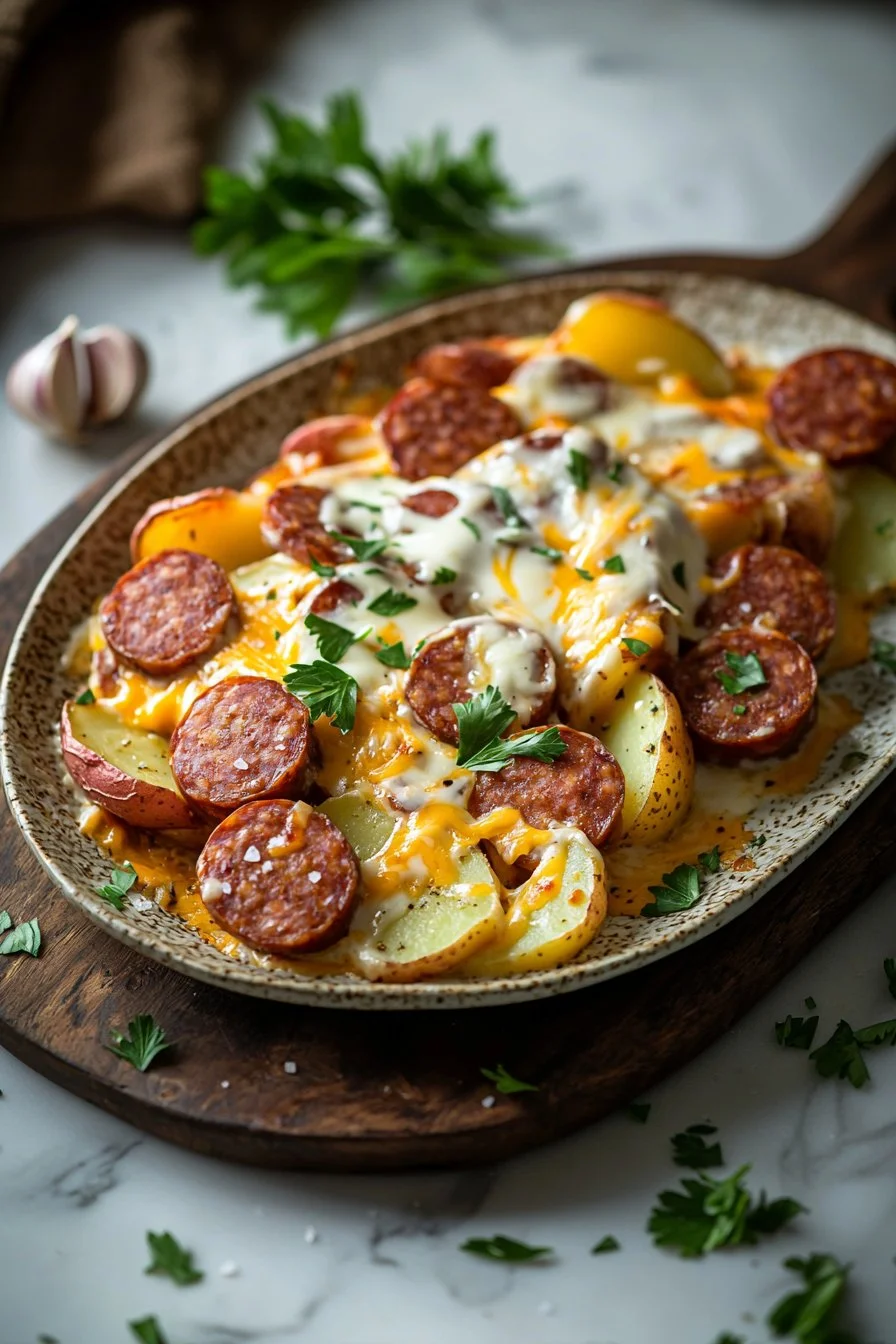 Kielbasa Auflauf mit Wurst, Käse und Kartoffeln frisch zubereitet