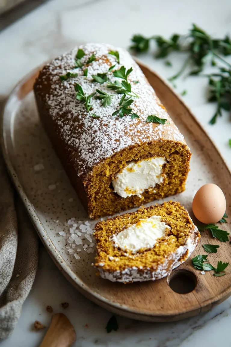 Klassischer Kürbisgewürzkuchen-Rolle auf einem Teller dekoriert mit Zimt