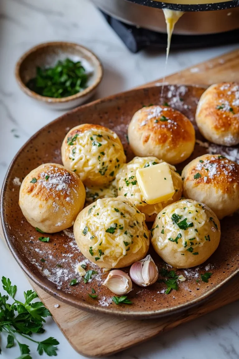 Leckere Knoblauch-Butter-Käse-Bomben auf einem Teller serviert.