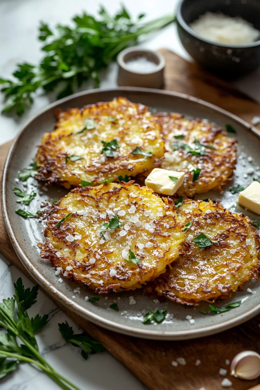 Leckere Knoblauch Parmesan Rösti auf einem Teller serviert