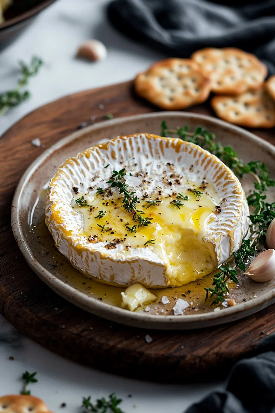 Gebackener Brie mit Knoblauchbutter serviert auf einem Holzbrett