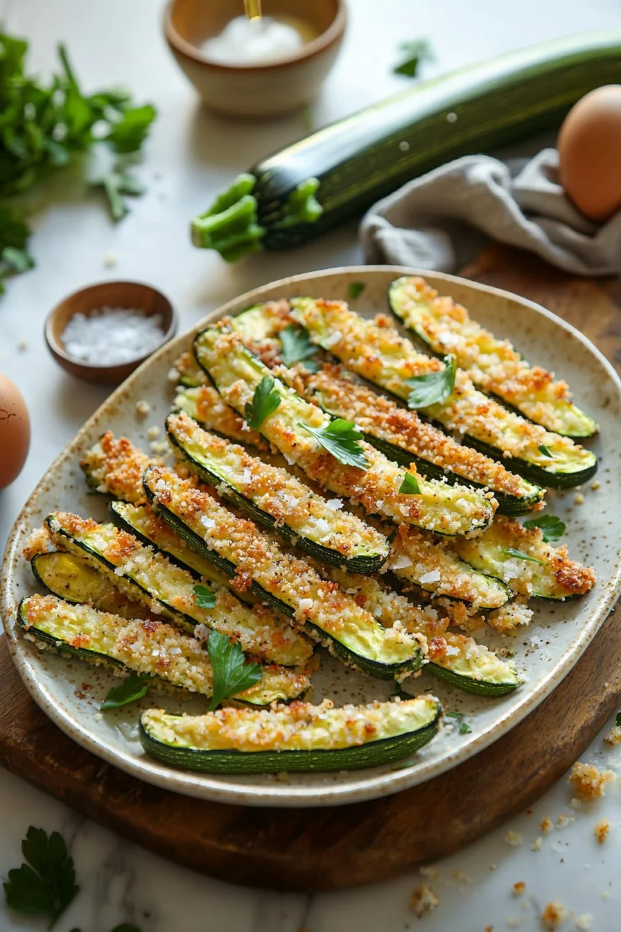 Knusprige Ofen gebackene Parmesan Zucchini Pommes serviert auf einem Teller.