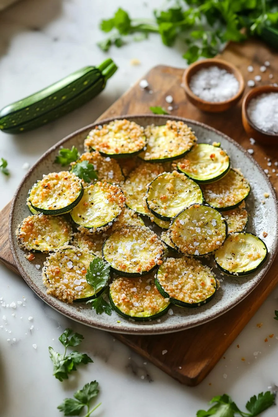 Knusprige Parmesan-Zucchini-Chips auf einem Teller serviert