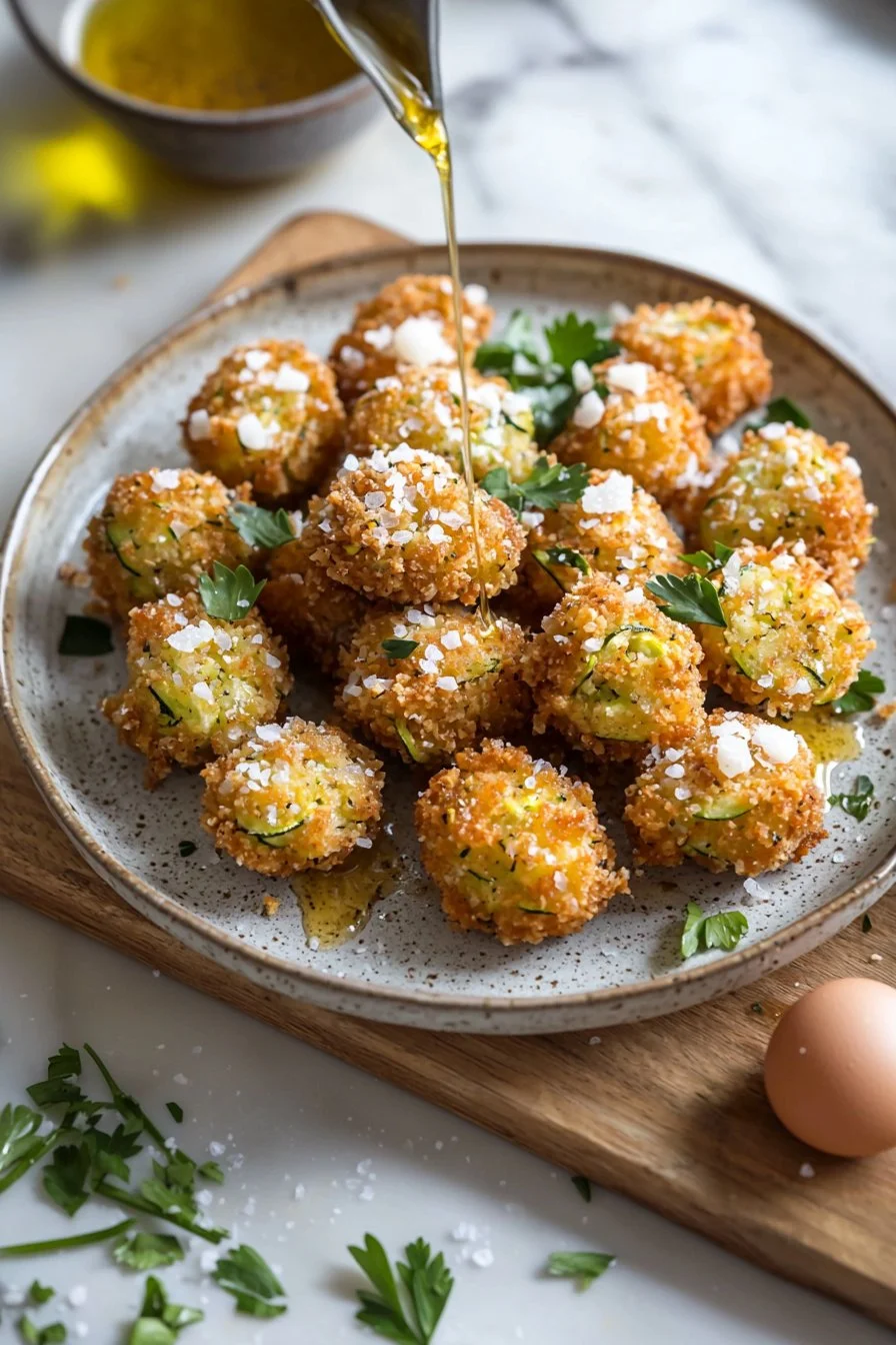 Knusprige Zucchini-Überbackene Kartoffelbällchen auf einem weißen Teller