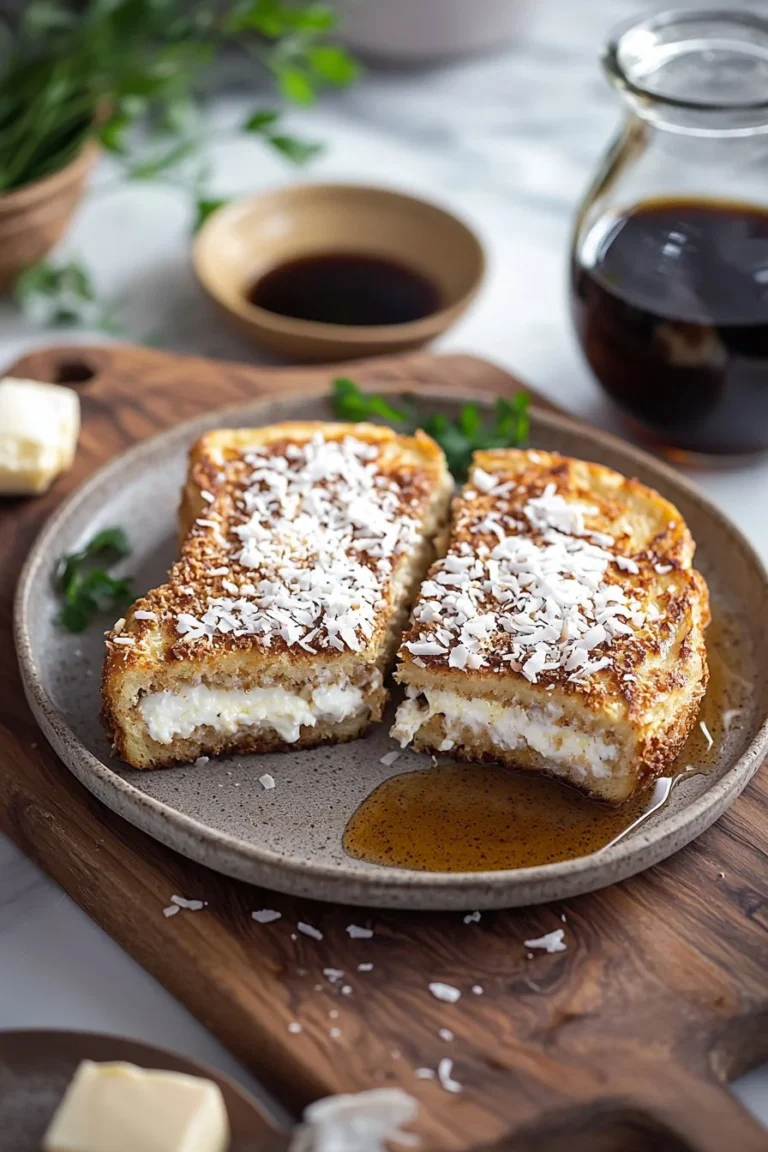 Kokosnuss-krustiger gefüllter French Toast auf einem Teller serviert.