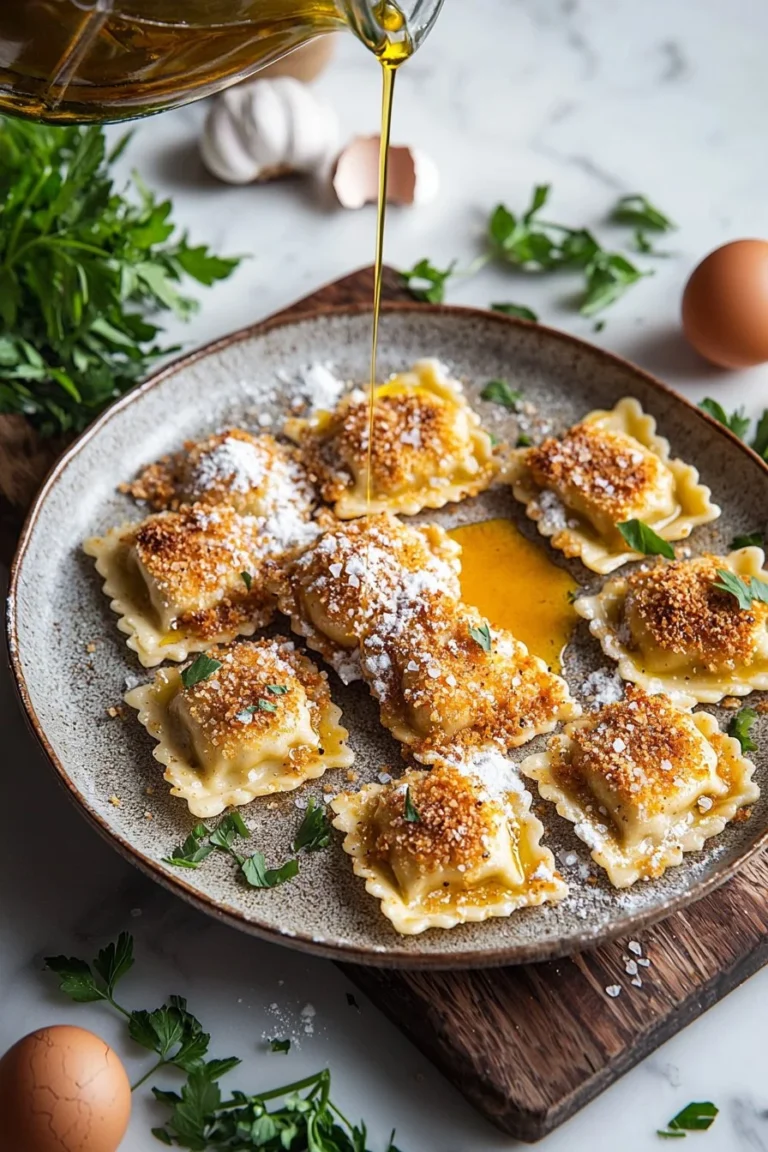 Krosse Luftfritteuse Ravioli auf einem Teller serviert.