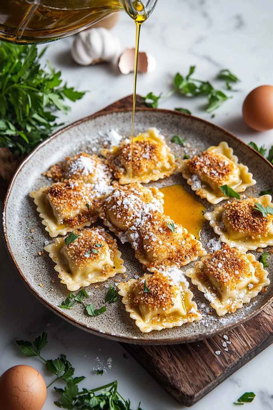 Krosse Luftfritteuse Ravioli auf einem Teller serviert.